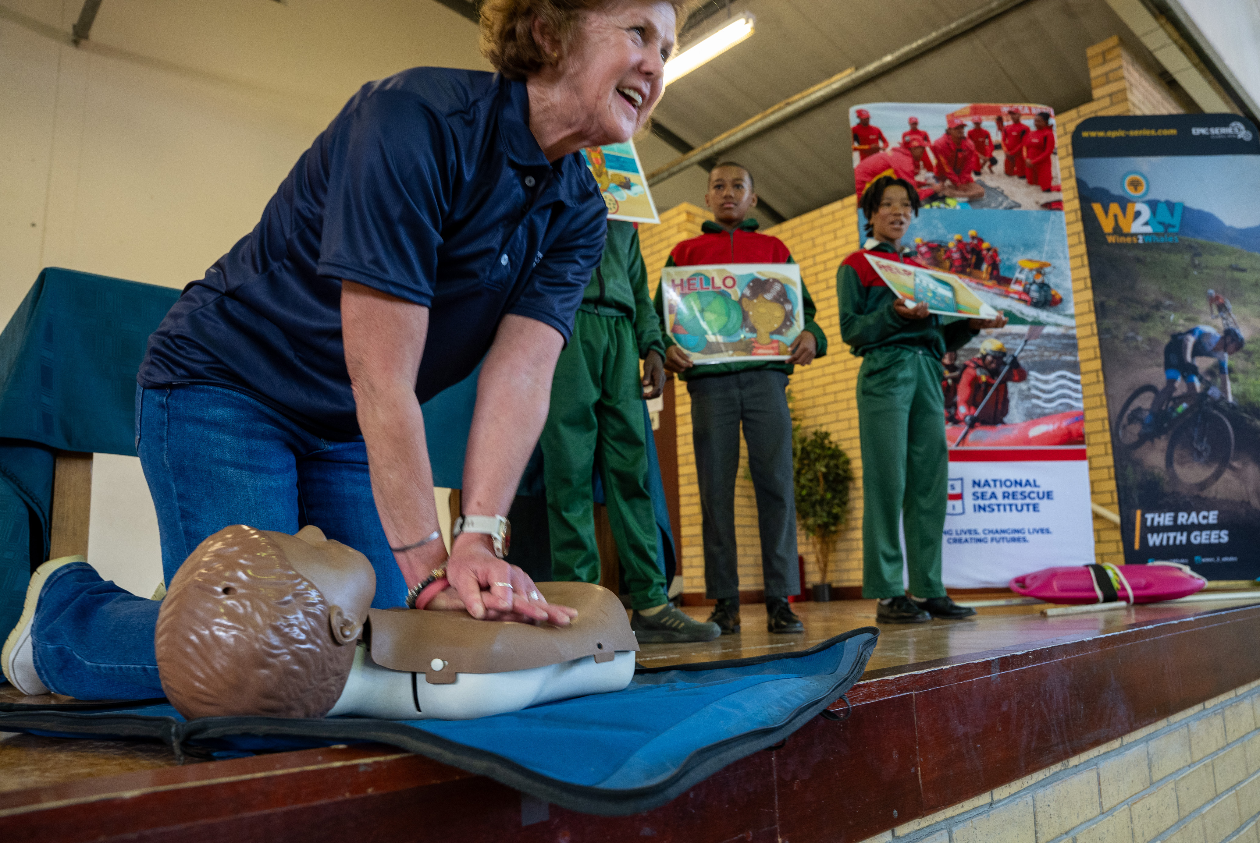NSRI water Safety Instructor Eoudia Erasmus gave water safety lessons to Sir Lowry's Pass Primary and to an aftercare group at Trails End hotel in Grabouw. The lessons were sponsored by W2W Wines to Whales MTB race. Picture Andrew Ingram / NSRI#asset:1219041@1:alt